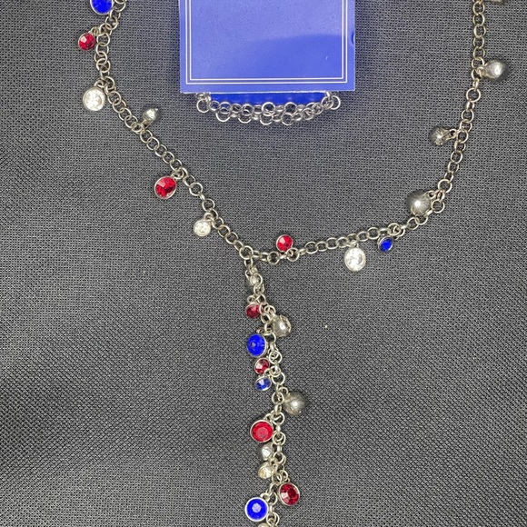 Chic Silver Necklace with Red and Blue Accents - Picture 1 of 2